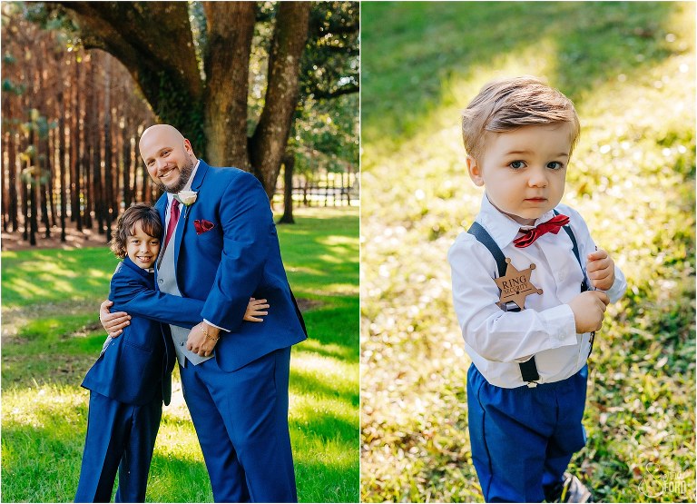 left, groom hugs son before wedding, right, adorable tiny "ring security" getting ready