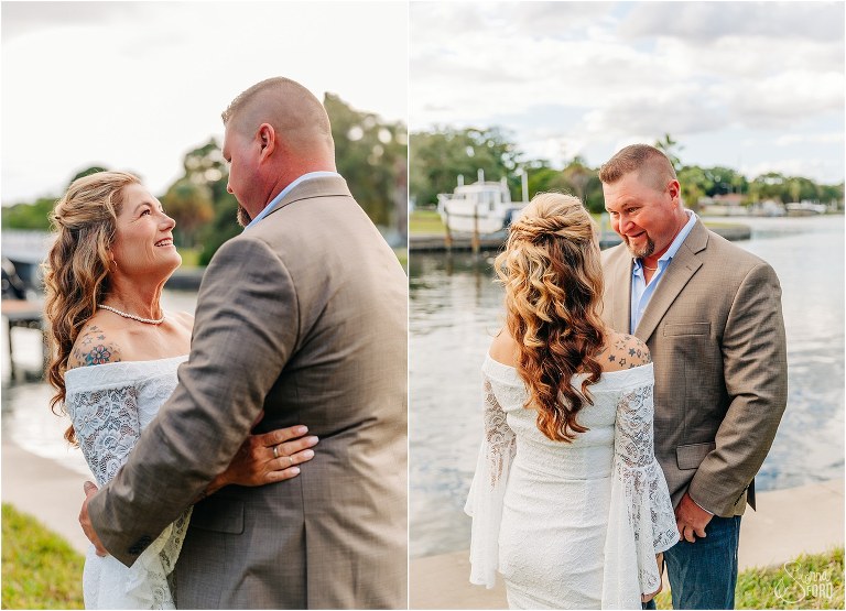left, bride looks lovingly up at groom, right, groom looks in awe at bride for first time at St. Pete backyard wedding