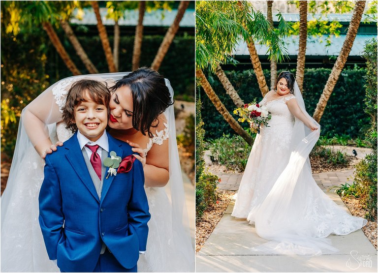 left, bride kisses son cheek, right, bride twirls veil in Club Lake Plantation garden
