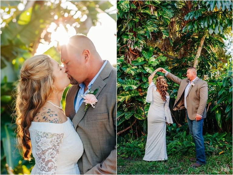left, bride and groom kiss as sun peeks through trees at St. Pete backyard wedding, right, groom spins bride among the monstera