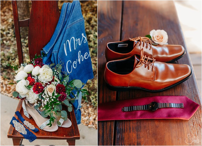 left, custom bridal jean jacket with bride's navy and wine-colored details, right, groom's light brown shoes, blush boutonniere, and wine-colored tie  