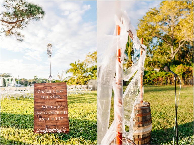 left, ceremony sign leans against torch at St. Pete backyard wedding, right, bamboo altar with twinkle lights and tulle blowing in the wind 