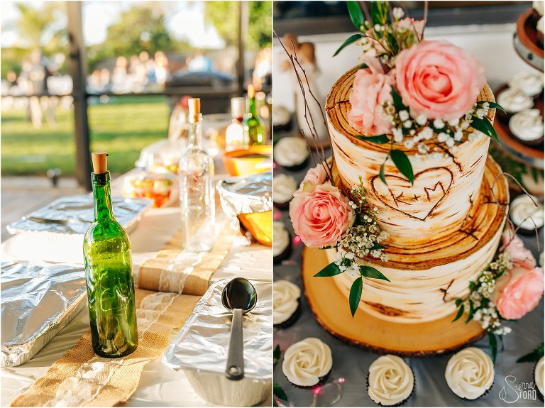 left, DIY wine bottle centerpieces at St. Pete backyard wedding, right, wood carving wedding cake with initials