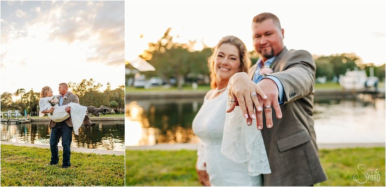 left, groom lifts and spins his new bride at St. Pete backyard wedding, right, bride and groom show off new ring bling