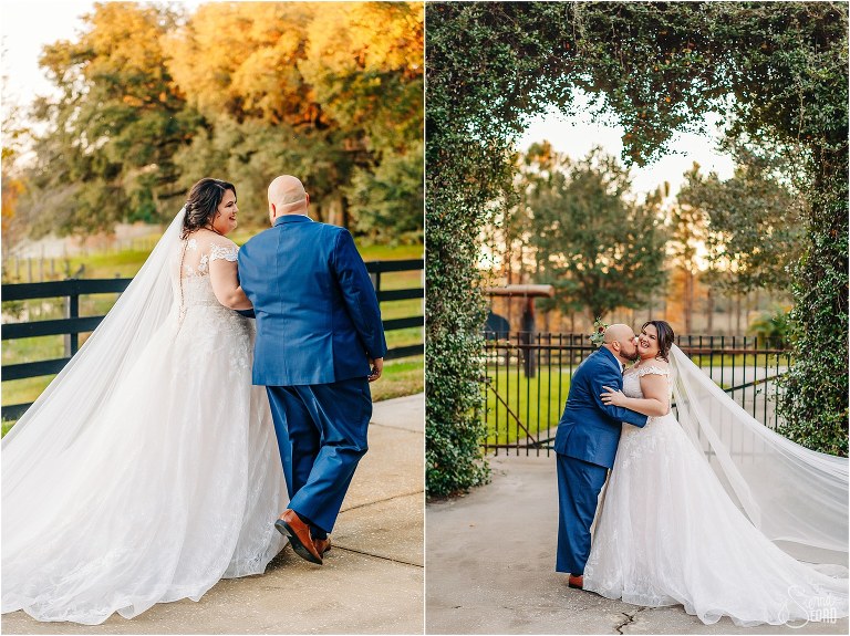 left, bride laughs as they stroll arm in arm, right, groom kisses bride's cheek under ivy arm