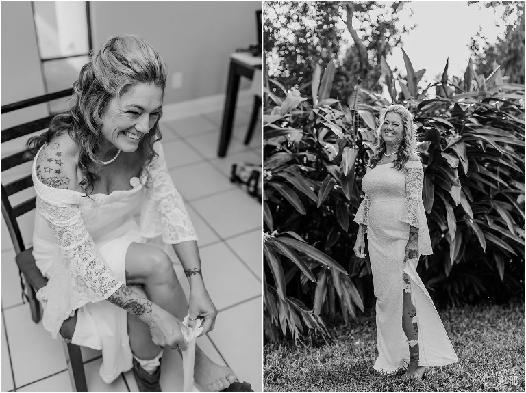 left, bride giggles as she gets ready for St. Pete backyard wedding, right, bride twirls dress among the greenery