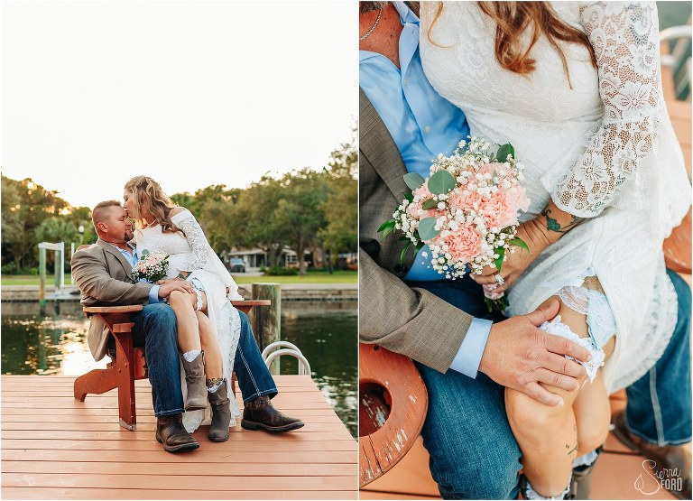 left, bride sits in groom's lap on dock at St. Pete backyard wedding, right, groom places hand on bride's thigh as she sits on his lap
