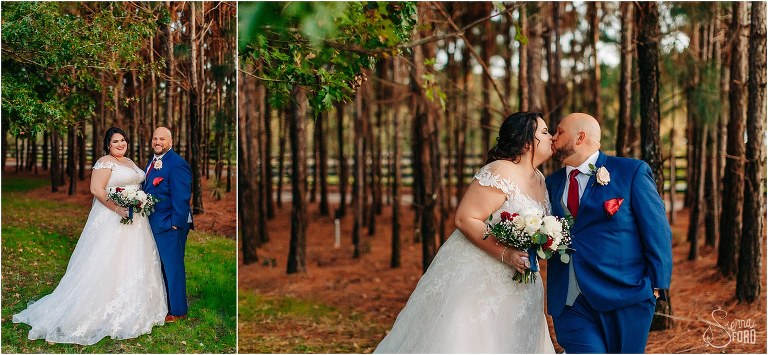 left, couple stands by forest, right, bride and groom kiss in front of forest at Apopka wedding venue