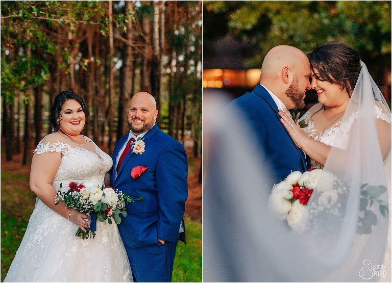 bride and groom nuzzle noses under bride's veil at rustic Apopka wedding