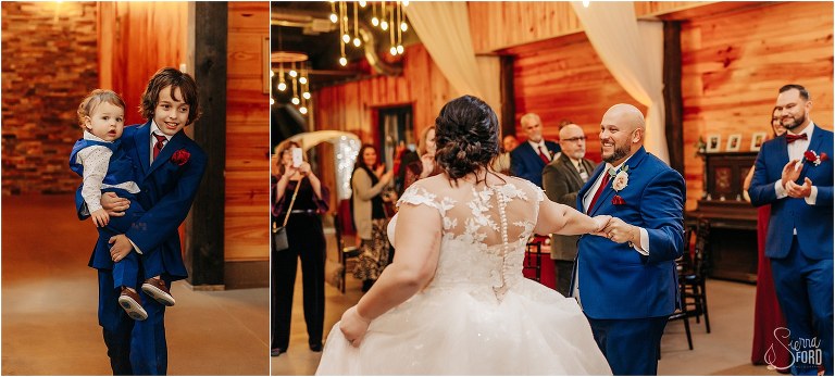 left, couple's older son carries younger one into reception, right, groom presents bride as guests cheer