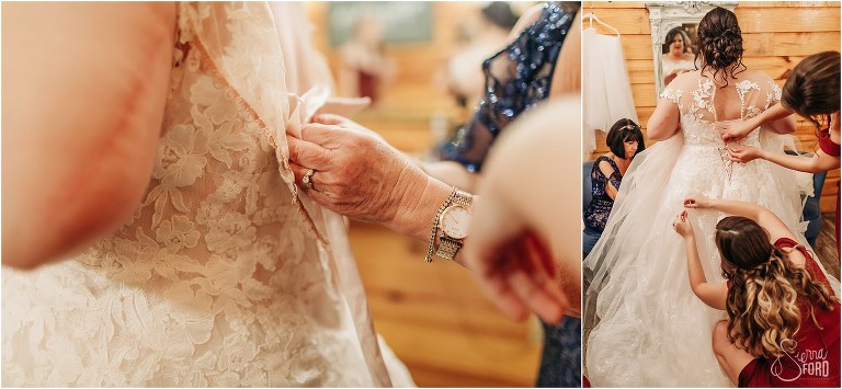 left, closeup of mom's hands as she buttons bridal gown, right, the team effort of the bridal party getting the bride ready for rustic Apopka wedding