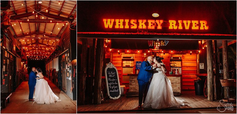 left, couple kisses under market lights, right, couple cheers by Whiskey River Bar