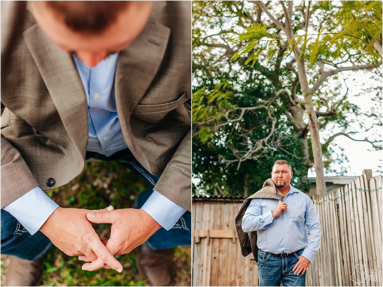 left, groom says prayer before St. Pete backyard wedding, right, groom walks by fence with jacket over shoulder