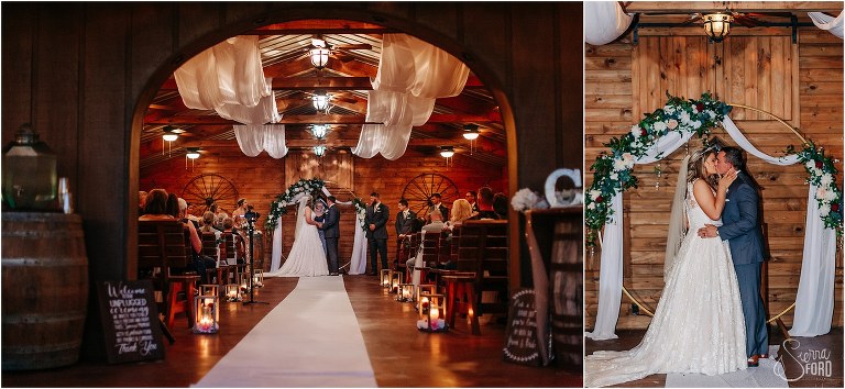 left, couple exchange vows in chapel, right, first kiss as husband and wife at Hidden Barn wedding