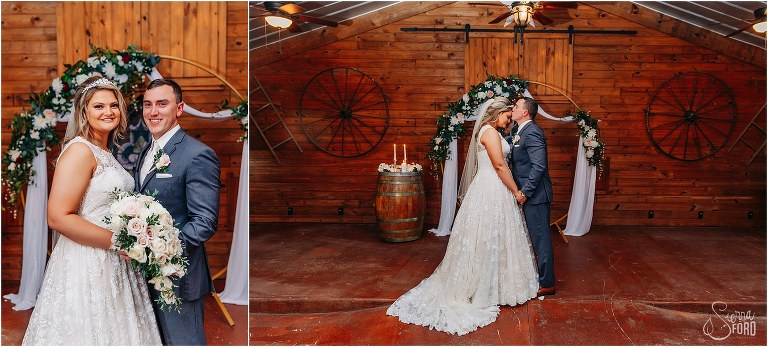 left, bride & groom smile at altar, right, groom kisses bride's forehead at Hidden Barn wedding
