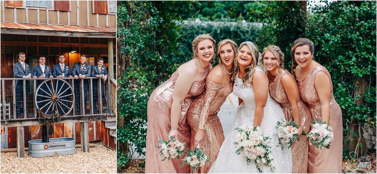 left, groomsmen cheers before Hidden Barn wedding, right, bridesmaids laugh together in gold dresses