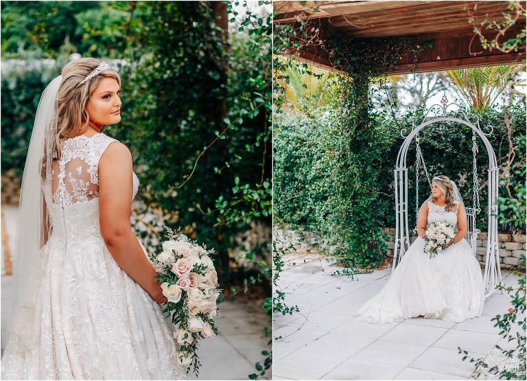 left, bride looks over shoulder as she walks through garden, right, bride sits on white swing before Hidden Barn wedding