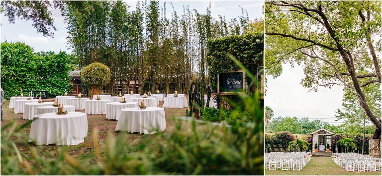 left, reception tables lined up under market lights, right, ceremony site under huge tree before The Acre Orlando wedding