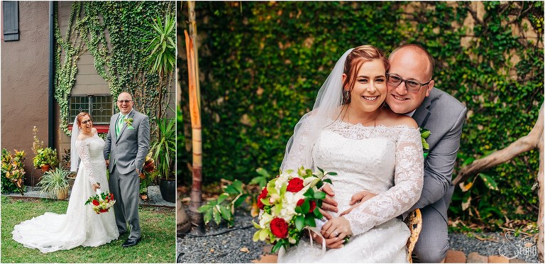 left, couple laughs in front of plant wall, right, groom hugs up behind bride at The Acre Orlando wedding