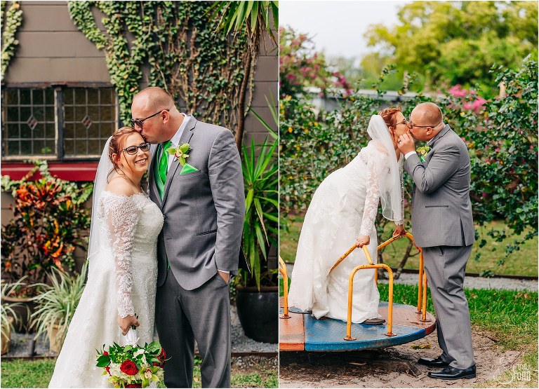 left, bride laughs as groom kisses her forehead, right, bride leans down to kiss groom from merry go round at The Acre Orlando wedding