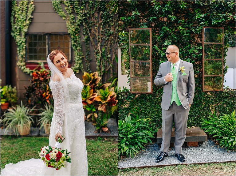 left, bride giggles and looks over her shoulder before The Acre Orlando wedding, right, groom beams as he holds lapel