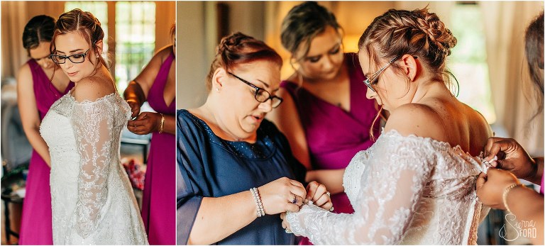 left, bride looks over shoulder as bridesmaids fasten buttons, right, mother of bride buttons sleeve before The Acre Orlando wedding