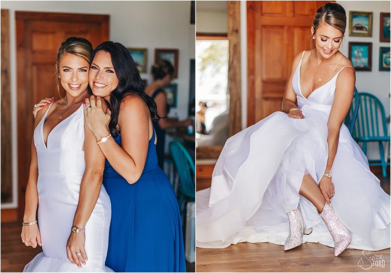 left, bride's sister hugs her at Bayfront Lodge wedding, right, bride puts on bedazzled boots