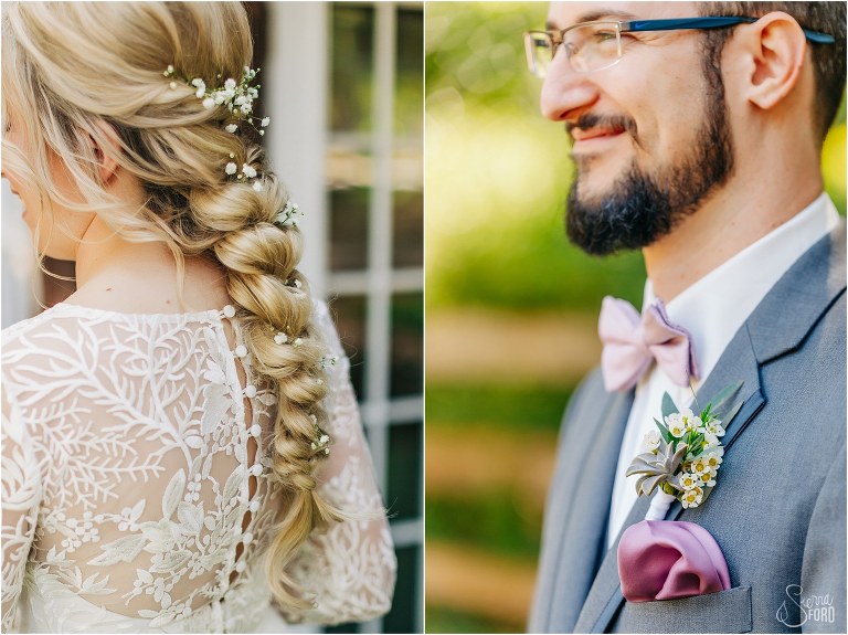 left, bride hair with braid, right, tiny wildflower boutonniere on groom's lapel at Bridle Oaks wedding 