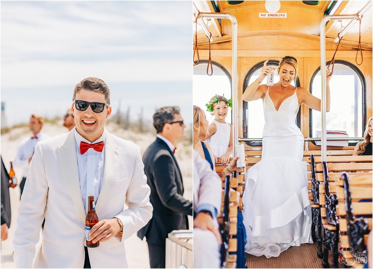 left, groom laughs sharing a beer with groomsmen, right, bride dances on trolley before Bayfront Lodge wedding