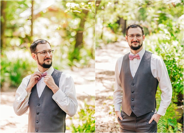 left, groom fixes bow tie, right, groom smiling among the greenery before Bridle Oaks wedding