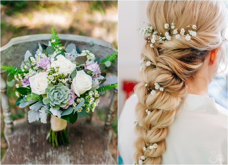 left, lilac and white bridal bouquet with succulent accents, right, baby's breath braided into bride's hair for Bridle Oaks wedding