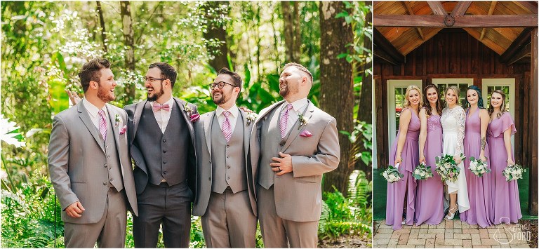 lerft, groom laughs with groomsmen before Bridle Oaks wedding, right, bride smiles with bridesmaids in lilac dresses