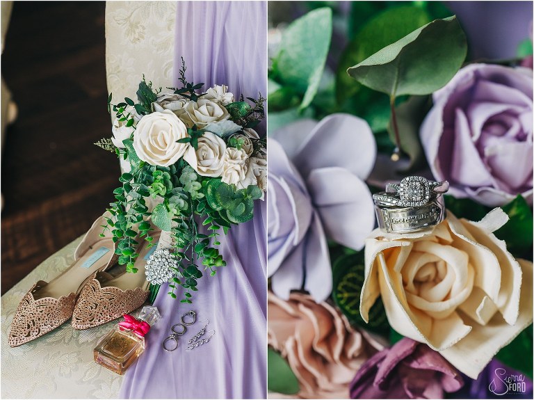 left, purple & ivory bridal details on chair, right, closeup of rings on bouquet at October Oaks wedding