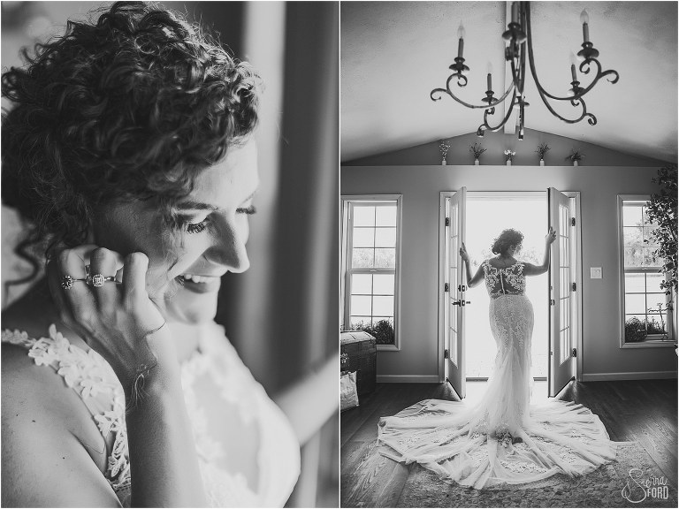 left, bride laughs as she gets dress on, right, bride silhouetted in bridal suite door at October Oaks wedding